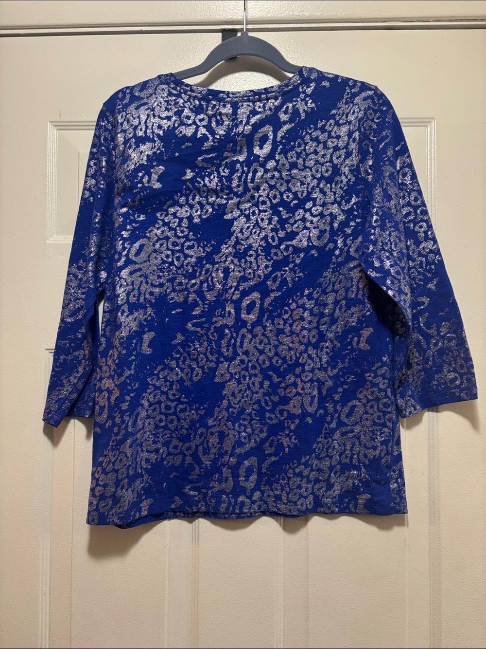 Chico's Cobalt Blue Metallic Animal-Print 3/4 Sleeve Top - Picture 6 of 7